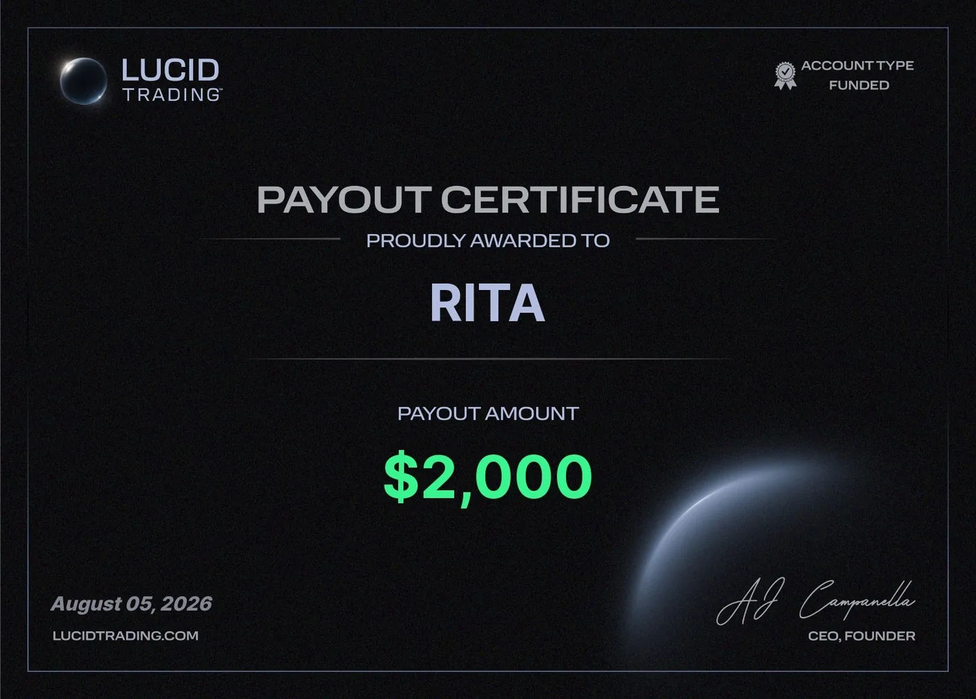 Comprovante de payout da Lucid Trading de US$ 2.000 em 5 de agosto