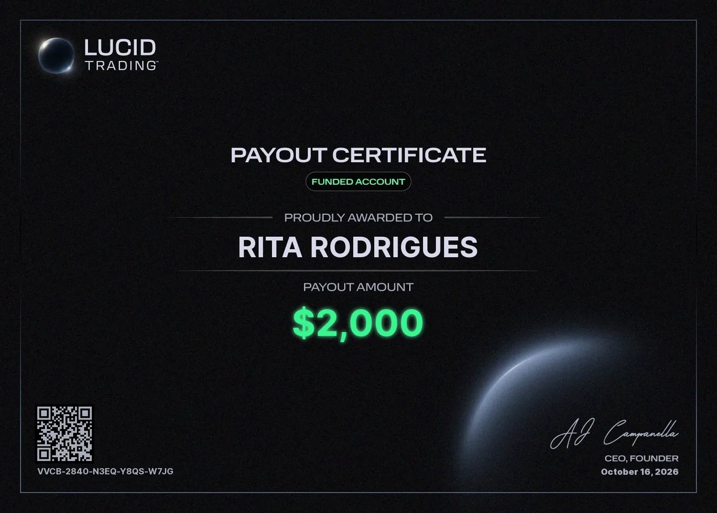 Comprovante de payout da Lucid Trading de US$ 2.000 em 16 de outubro