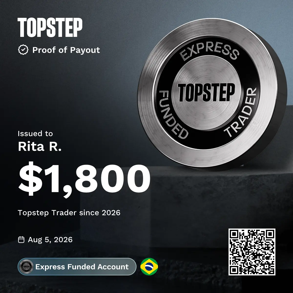 Comprovante de payout da Topstep de US$ 1.800 em 5 de agosto