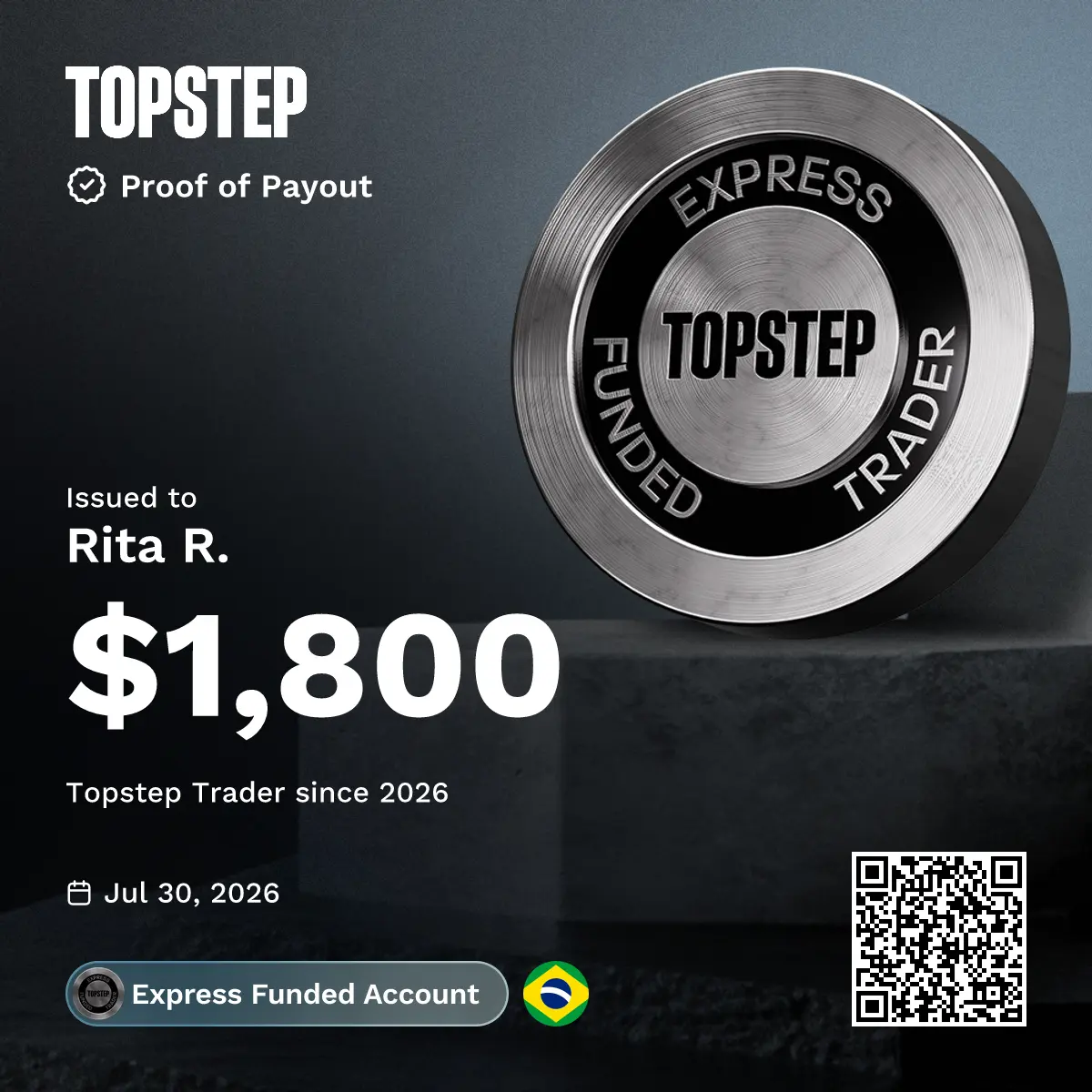 Comprovante de payout da Topstep de US$ 1.800 em 30 de julho